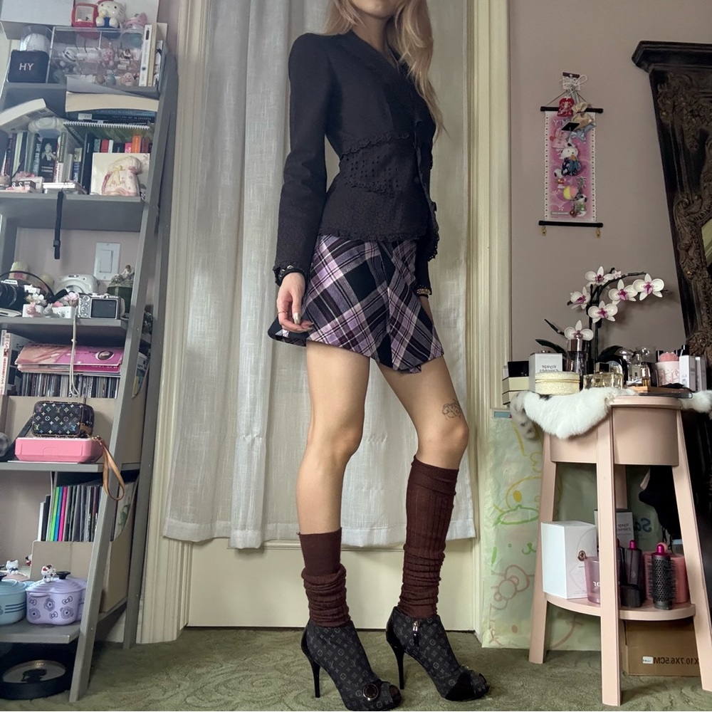Size XS Unif Witz Pink & Black Plaid Wrap Mini Skirt